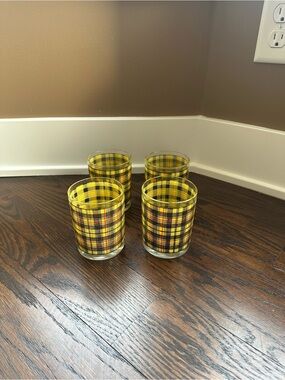 Set of 4 vintage Cera Scotch on the Rocks Yellow Plaid Glasses
